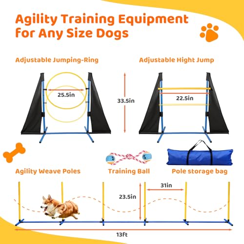 Dog Agility Course Backyard Set - Complete 11-Piece Dog Agility Equipment with Adjustable Hurdles, Jump Ring, Weave Poles, Collapsible Tunnel, Pause Box, Ball for Indoor/Outdoor Training