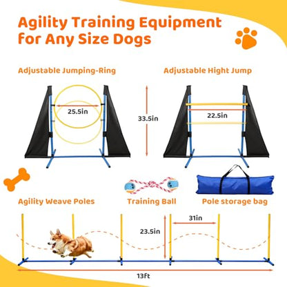 Dog Agility Course Backyard Set - Complete 11-Piece Dog Agility Equipment with Adjustable Hurdles, Jump Ring, Weave Poles, Collapsible Tunnel, Pause Box, Ball for Indoor/Outdoor Training