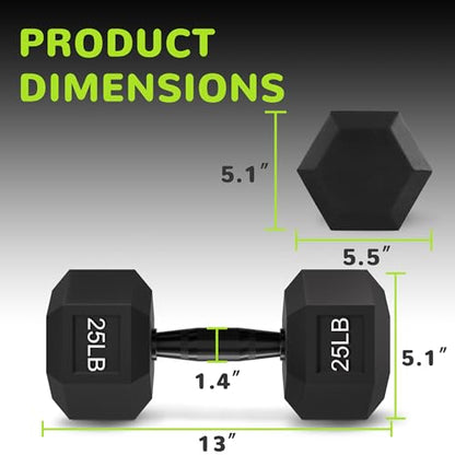 Fitvids Rubber Encased Exercise & Fitness Hex Dumbbell, Hand Weights with Anti-Slip Metal Handle for Home Gym, Multiple Sizes - style: 25LB Single