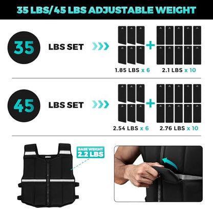 45lb/35lb/19lb Weighted Vest Men Women, Adjustable Rucking Vests for Walking with Zipper/Removable Silicone Weights, Strength Training Workout Vest for Running GYM Home, Detachable Reflective Strips