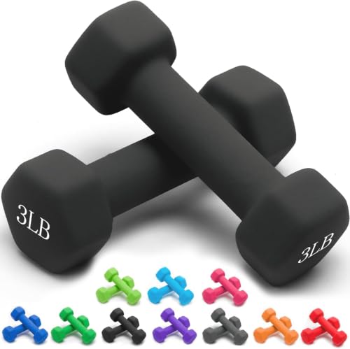 Portzon Dumbbells Neoprene with Non Slip Grip weight for Total Body Workout Exercise and Muscle Toning Compatible with of 2 Set,1-15 LB, Anti-Slip, Anti-roll, Hex Shape - color: Black, size: 03-Pound,Pair (Pack of 6)