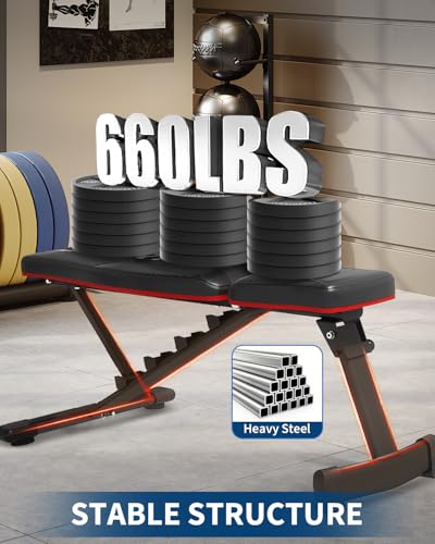 3-Second Foldable Weight Bench for Home Gym, 660LBS Capacity Adjustable Workout Bench with 5-Position Incline/Decline/Flat, Compact Exercise Bench for Bench Press & Dumbbell Training