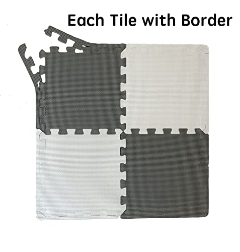 16 Pieces Foam Play Mat with Border, Interlocking Playmat Tiles, Foam Floor Mat Tiles, Puzzle Play Mats, Exercise Gym Mats – Color of Black & Grey & White