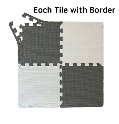 16 Pieces Foam Play Mat with Border, Interlocking Playmat Tiles, Foam Floor Mat Tiles, Puzzle Play Mats, Exercise Gym Mats – Color of Black & Grey & White