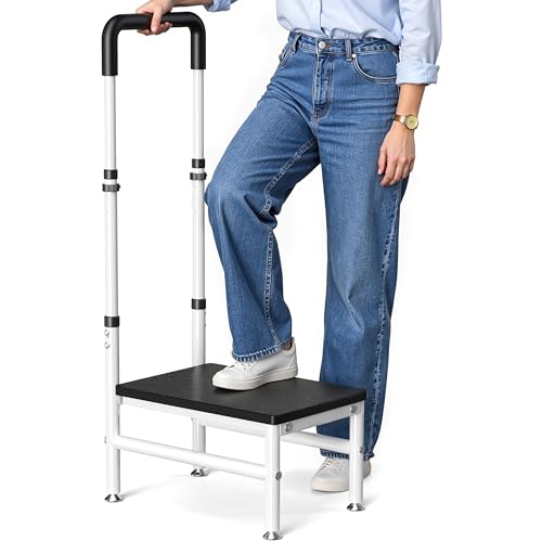 Step Stool with Handle for Adults and Seniors, Heavy Duty One Step Wooden Platform Stool with Adjustable Handrail, Wide Non Slip Footstool for Bedside, Bathroom and Home