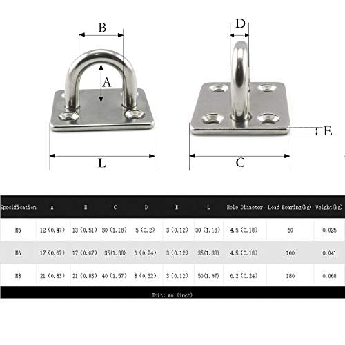 2-Pack M5 Ceiling & Wall Mount Hanging Hardware Fitting Set 304 Stainless Steel Heavy Duty Square Pad Eye Hook Plate + Snap Hook for Yoga Hammock Swing Marine Boat Application - size: M5 Square Pad