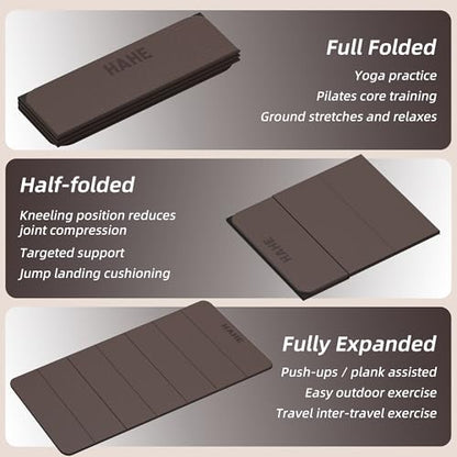 HAHE Foldable Yoga Exercise Mat, 74"Lx32"Wx1/3"Thick, TPE Multi-purpose Workout Mats with Non-slip Surface, Portable for Yoga/Pilates/Studio/Home Gym - color: Dark Brown+Black