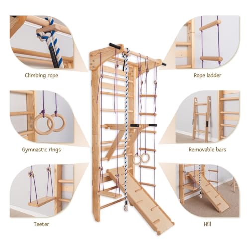 Swedish Ladder Wall Bars with Pull-Up Bar for Kids & Adults – Wooden Stall Bars Home Gym with Gymnastic Rings, Slide, Swing, Climbing Rope & Rope Ladder