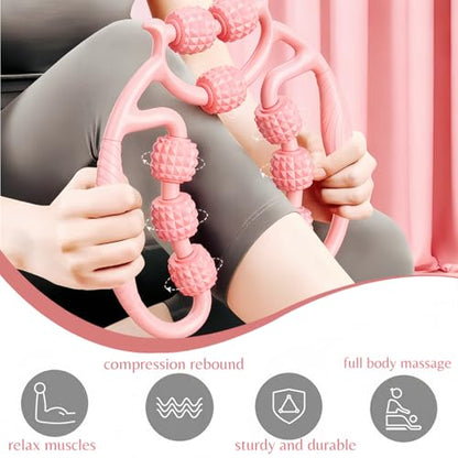 9-Wheel Muscle Massage Roller, Pink, PP+ABS Material, Adjustable for Cervical Arm Thigh Calf Massage, 10.24in x9.45in