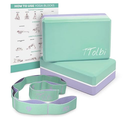 Yoga Blocks 2 Pack with Strap & Guide – Non-Slip EVA Foam Pilates Blocks for Home Workouts, Dance, Ballet, Gymnastics & Stretching Exercise | Ideal Dancer Gifts - color: Mint/Purple & Stretch Band Mint