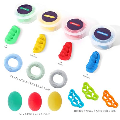 Hand Therapy Putty Kit, Grip Strength Trainer, Forearm Strengthener, Stress Balls, Hand Strengthening Devices 13Pcs Set Grip Strength, Dexterity, Mobility, Injury Stress Relief