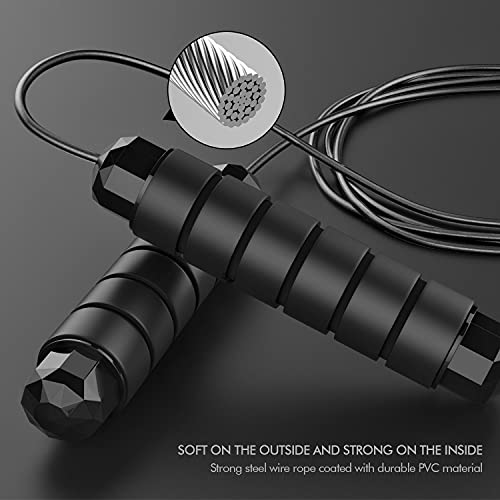 Jump Rope, Tangle-Free Rapid Speed Jumping Rope Cable with Ball Bearings for Women, Men, and Kids, Adjustable Steel Jump Rope with Foam Handles for Home Gym Exercise Fitness Workout Equipment & Slim Body - color: Black+Black