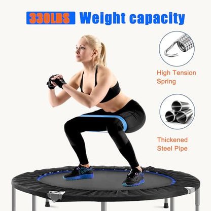 48" Foldable Mini Trampoline for Kids & Adults, Fitness Rebounder with 5-Level Adjustable Foam Handle, Max Load 450 lbs, Indoor/Outdoor Exercise Trampoline for Home Workouts (Silver)