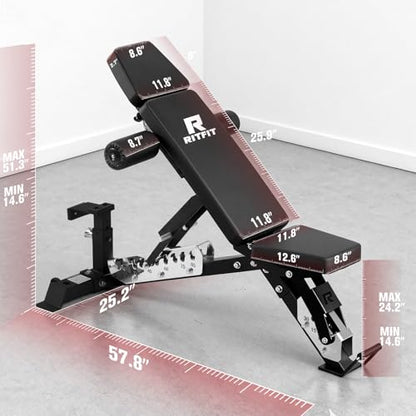 RitFit 3-Section Adjustable Weight Bench, 1600LBS Capacity Workout Bench for Home Gym, 21 Levels Incline Decline Bench Press with Thickened Padding, Foldable Exercise Equipment for Strength Training