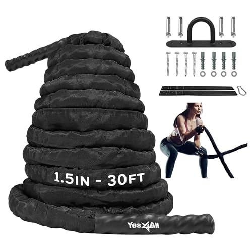 Yes4All Battle Ropes, Workout Rope with Cover, Steel Anchor & Strap Included, Heavy Ropes for Exercise Training - 1.5/2 Inch Diameter, 30, 40, 50 Ft Length