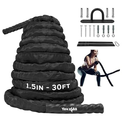 Yes4All Battle Ropes, Workout Rope with Cover, Steel Anchor & Strap Included, Heavy Ropes for Exercise Training - 1.5/2 Inch Diameter, 30, 40, 50 Ft Length
