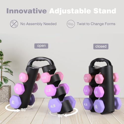 LIONSCOOL Set of 2 Neoprene Coated Dumbbell Hand Weights, Anti-Slip and Anti-Roll Hex Dumbbells in Pair for Strength Training, Resistance Training - style: 18lb, set of 6 with stand (Lilac Fantasy)