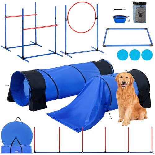 VEVOR Dog Agility Training Equipment, 13pcs Dog Agility Course Backyard Set, 2 Tunnels with Sandbags,Adjustable Hurdles,Weave Poles,Jump Ring,Pause Box, Puppy Obstacle Course Kit with Storage Bag - size: 13 Pcs Set