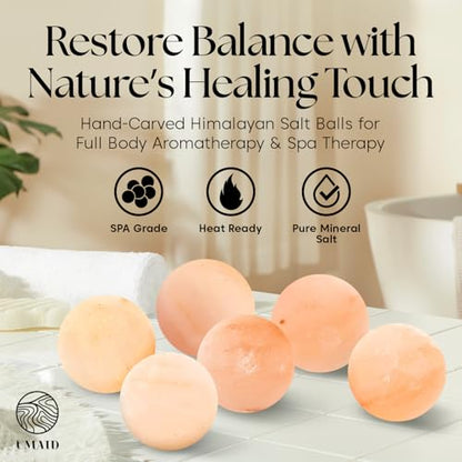 UMAID Himalayan Salt Massage Balls 6-Pack – Natural Himalayan Salt Massage Stones with Cotton Mesh Bag for Hot & Cold Muscle Relief, Spa Massage Therapy, Relaxation & Wellness Gifts for Men & Women