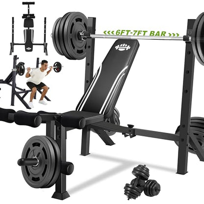 ANCHEER 900LBS Olympic Weight Bench Set with Squat Rack Adjustable Bench Press Bench with Leg Extension & Leg Curl, Incline Decline Flat Foldable Workout Bench for Home Gym(US Stock)