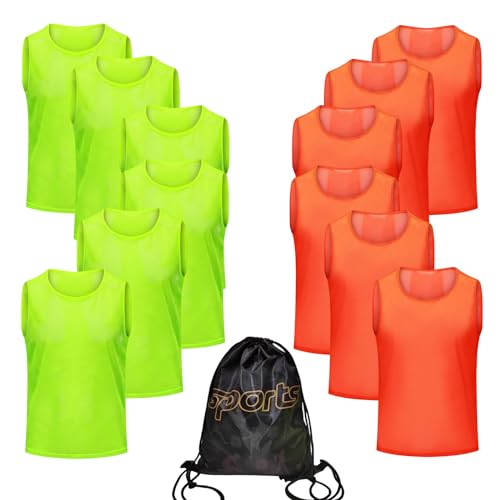 12/24/48PCS Pinnies Youth Team Pennies for Sports Kids and Scrimmage Vests for Soccer Basketball Jersey Practice - color: Orange+green-12, size: M(For Kids)