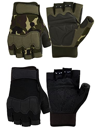 FIORETTO Fingerless Gloves for Men, Breathable Grip Palm Gloves for Motorcycle Riding, Driving, Cycling, Exercise, Workout, Climbing, Hiking and Outdoor Activities M210603 - color: 2 Pairs(Black+Green Camo), size: XX-Large