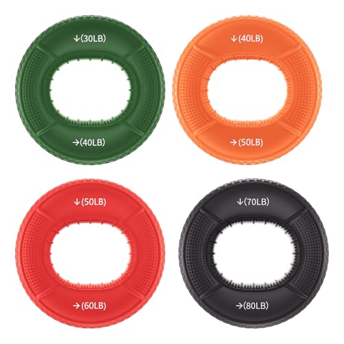 Hand Grip Strengthener Rings - 4 Pack Finger Exerciser Grip Strength Trainer Silicone Squeezer Gripper for Muscle Strengthening Training Forearm Grip Workout Stress Relief Rehabilitation 30LB-80LB