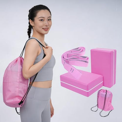 2 Pack Yoga Blocks 350g High Density, Non-Slip EVA Foam Brick with Bonus 11 loops Yoga Strap & Carry Bag, Pilates Block Set for Balance, Flexibility, Meditation, Home Gym & Studio