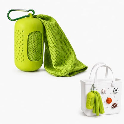 Cooling Towel with Clip Case – Quick-Dry Neck Wrap for Sports, Beach Tote Bags, Gym, Travel & Outdoor Heat (Green) - color: Green