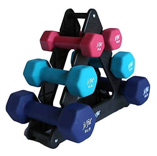 JFIT Dumbbell Pairs or Sets – Neoprene & Vinyl Coated Hand Weights for Home Gym, Strength Training, Aerobics, Cardio Exercise and Fitness - size: 32 lbs (Set), style: Dumbbell Set with Rack