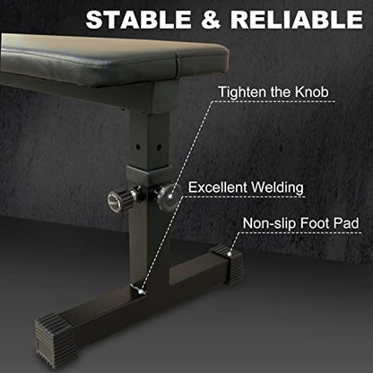 Flat Weight Bench, 5 Level Adjustable Height Flat Utility Weight Bench, 400lb Capacity Adjustable Strength Training Bench Press for Home Gym Weight Training and Ab Exercises