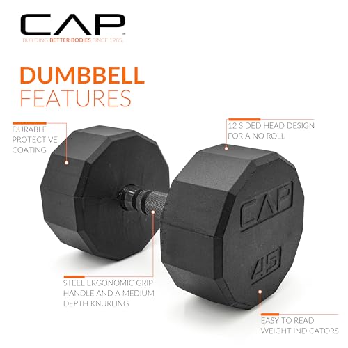 CAP Rubber Coated Dumbbell Weights, Free Weights for Home Gym Strength Training, Anti-Roll Hex Dumbbells with Black, Chrome & Comfort Grip Handles, Pairs & Sets - size: 45 lb - Pair, style: 12-Sided - Black Handle