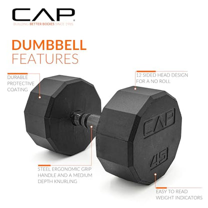 CAP Rubber Coated Dumbbell Weights, Free Weights for Home Gym Strength Training, Anti-Roll Hex Dumbbells with Black, Chrome & Comfort Grip Handles, Pairs & Sets - size: 45 lb - Pair, style: 12-Sided - Black Handle