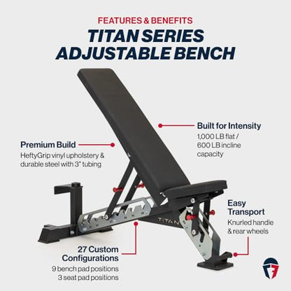 Titan Fitness TITAN Series Adjustable Bench, Supports 600 LB Incline, 1,000 LB Flat, Versatile Single Post Utility Workout Bench for Home Gym, Weightlifting, Strength Training - color: Black