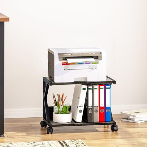 aboxoo Desktop Printer Stand with 2 Tier Wood Storage Shelves,Under Desk Printer Table,Multi-Purpose Home Office Desk Organizer for Fax Machine, Scanner (Black) - color: Black