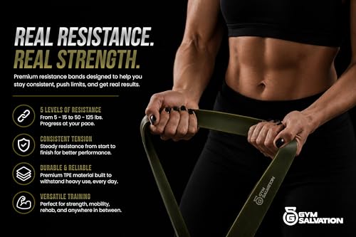 Gym Salvation Resistance Bands Set, 5 Pull Up Assist & Strength Training Bands, Durable Powerlifting & Workout Loops with Carry Bag - Black and Military Green Shades
