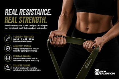 Gym Salvation Resistance Bands Set, 5 Pull Up Assist & Strength Training Bands, Durable Powerlifting & Workout Loops with Carry Bag - Black and Military Green Shades