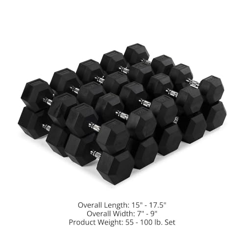 Titan Fitness Rubber Hex Dumbbells, 5 LB-50 LB Set of Pairs, Roll-Resistant Hexagonal Free Weights, Hex Dumbbell set with Chrome-Coated Handles, Free Weight Set, Strength Training Equipment