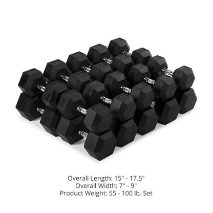 Titan Fitness Rubber Hex Dumbbells, 5 LB-50 LB Set of Pairs, Roll-Resistant Hexagonal Free Weights, Hex Dumbbell set with Chrome-Coated Handles, Free Weight Set, Strength Training Equipment