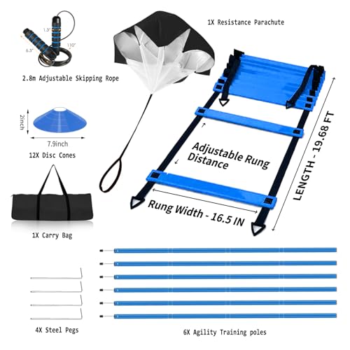 Speed & Agility Training Equipment-20ft Agility Ladder, 6 Poles, 12 Soccer Cones, Resistance Parachute, Jump Rope, Soccer Football Basketball Sport Training Set for Kids Youth Adults - color: Blue