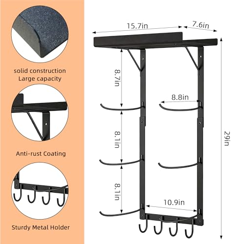 Yoga Mat Holder Wall Mount - 4 Tier Home Gym Storage Rack with Shelf & 5 Hooks, Gym Equipment Organizer & Wall Storage for Workout Room Decor