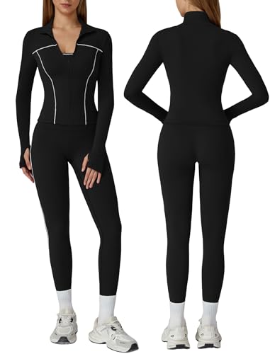 OMEWEE Womens workout sets Contrast Long Sleeve Jacket with Sports Bra and Butt-lifting Pants Yoga Outfits 3 Pieces Set - color: Black, size: X-Large