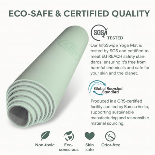 Premium TPE Yoga Mat 6mm Info Swipe – Eco-Friendly Non-Slip, Odor-Free, Lightweight & Durable | SGS Tested, REACH Compliant, GRS Certified | 72"x24" with Carrying Strap