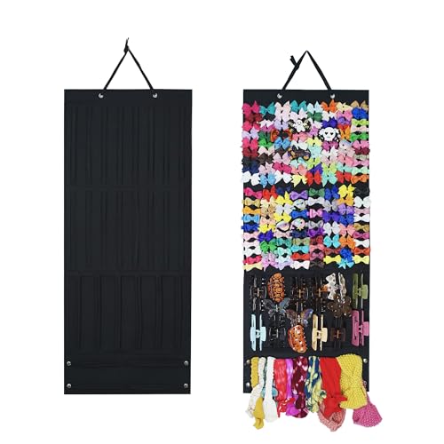 Hair Bow Organizer for Girls, Baby Hair Clips Holder Wall Hanging, Large Felt Bow Storage Display for Girls Hair Bows & Claw Clips, Ribbons, Headbands – Nursery Room Decor (Black) - color: Black