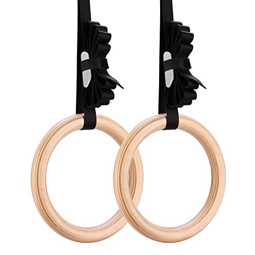 Wood Olympic Rings, Gymnastic Rings with Buckle Straps, Wooden Fitness Gym Rings for Strength Training, Crossfit, Pull Ups and Dips
