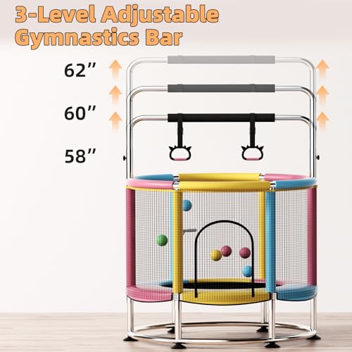 55" Trampoline for Kids,Up to 440 Ibs Mini Trampoline with Anti-Rollover Round Bottom,Indoor & Outdoor Toddler Trampoline with Safety Enclosure,Adjustable Gymnastics Bars,Basketball Hoop