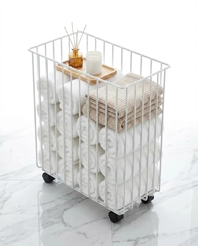 Yoga Mat Storage Rack Basket with Wheels – Home Gym Organizer for Small Apartment & Workout Corner – Slim Metal Rolling Cart Holder for Foam Rollers, Resistance Bands & Exercise(White)