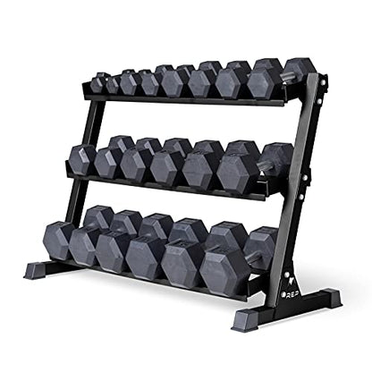 REP Fitness Rubber Hex Dumbbell Set, Adjustable Weight Pairs, Home Gym Equipment, Strength Training For Men Women, Black Coated Grips, Workout Rack Storage Optional, Heavy Lb Free Weights - style: 5-50 lb set Black rack