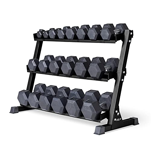 REP Fitness Rubber Hex Dumbbell Set, Adjustable Weight Pairs, Home Gym Equipment, Strength Training For Men Women, Black Coated Grips, Workout Rack Storage Optional, Heavy Lb Free Weights - style: 5-50 lb set Black rack