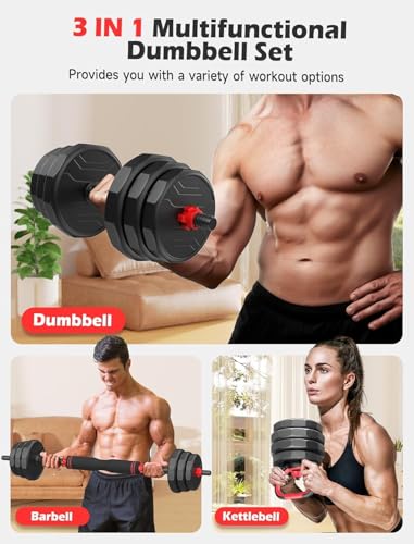 UKEEP Adjustable Dumbbells Set, 20/30/40/55/60/80lbs Free Weight Set with Connector, 2 or 3 in 1 Dumbbells Set Used as Barbell, Kettlebells, Fitness Exercises for Home Gym Suitable Men/Women - style: 55 lbs (27.5 lbs each)